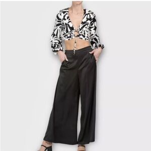 NWT Caroline Constas Black Satin Elastic Waistband Wide Leg Pants